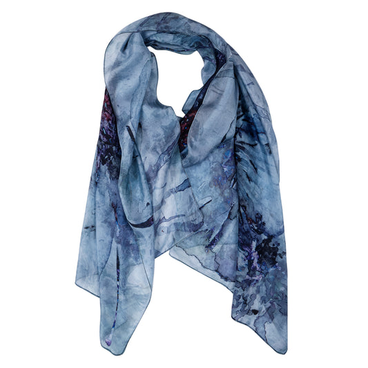 Midnight Bloom Floral Scarf – Pure Silk Designer Wrap | Abstract Blue Flower Print