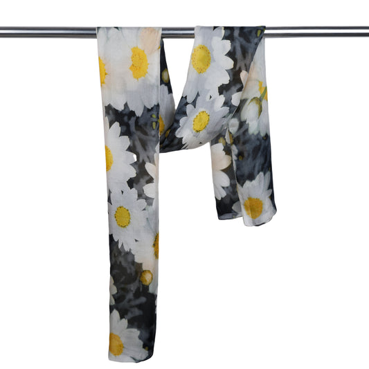 Golden Daisy Meadow Scarf –  Pure Silk | White Floral Botanical Print with Sunshine Yellow Accents