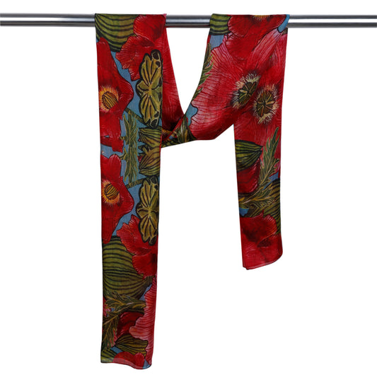 Scarlet Poppy Bloom Scarf – Pure Silk | Bold Australian Botanical Wrap with Teal Blue Base
