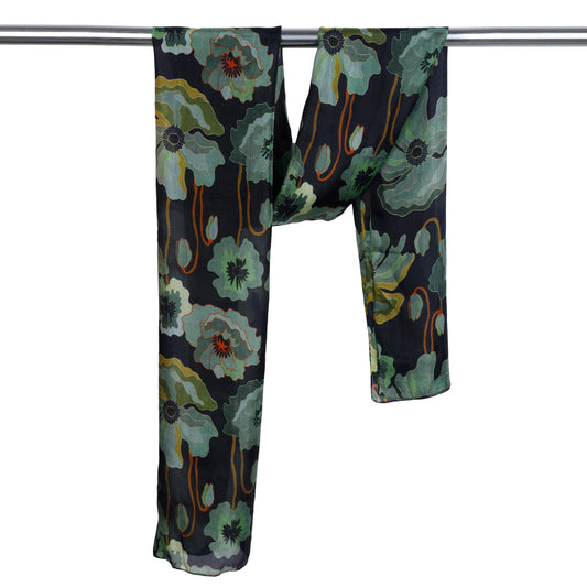 Midnight Bloom Poppies Floral Designer Scarf – Pure Silk Wrap | Black & Olive Green Botanical Print