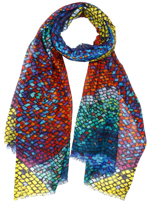 Rainbow Mosaic Abstract Scarf – Modal Silk Designer Wrap | Colorful Geometric Artistic Print