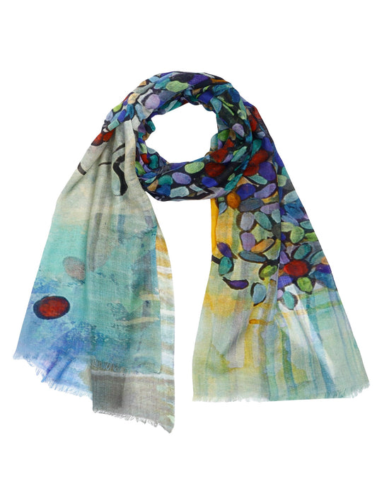 Abstract Tree of Life Multicolour Merino Wool Silk Designer Scarf – Artistic Nature Print