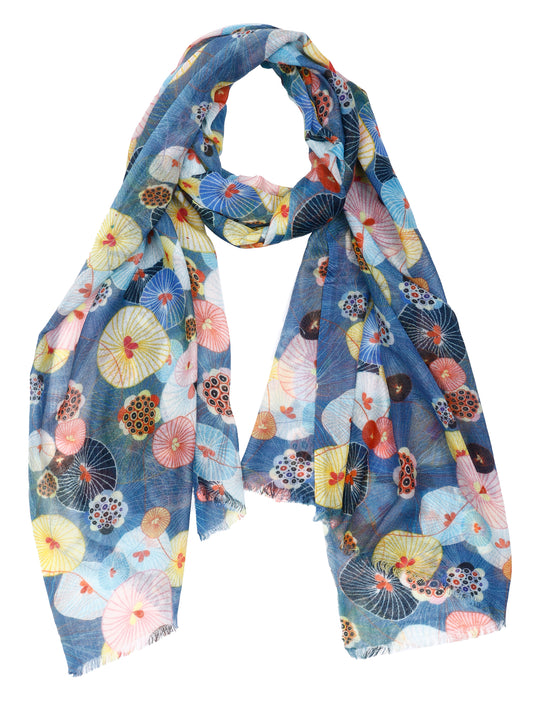 Lotus Leaves Japanese Floral Scarf – Merino Wool Embroidered Designer Wrap | Multicolor Nature Print