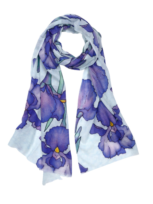Iris Bloom Floral Scarf –  Modal Silk Designer Wrap | Blue Botanical Print