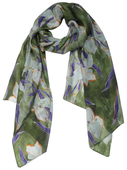 Olive Iris Bloom Designer Scarf – Botanical Floral Print Pure Silk Designer Wrap | Fine Art Inspired Accessory