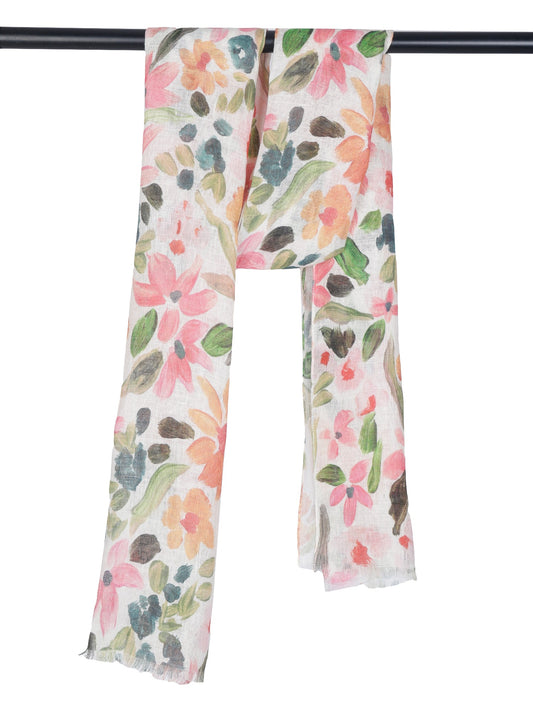 Blossom Garden Multicolor Floral Pure Linen Scarf | Hand-Painted Artistic Designer Wrap
