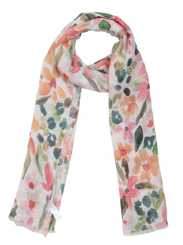 Blossom Garden Multicolor Floral Pure Linen Scarf | Hand-Painted Artistic Designer Wrap