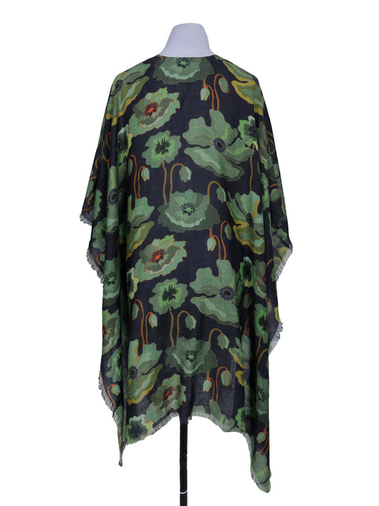Olive Poppies Merino Wool Travel Cape