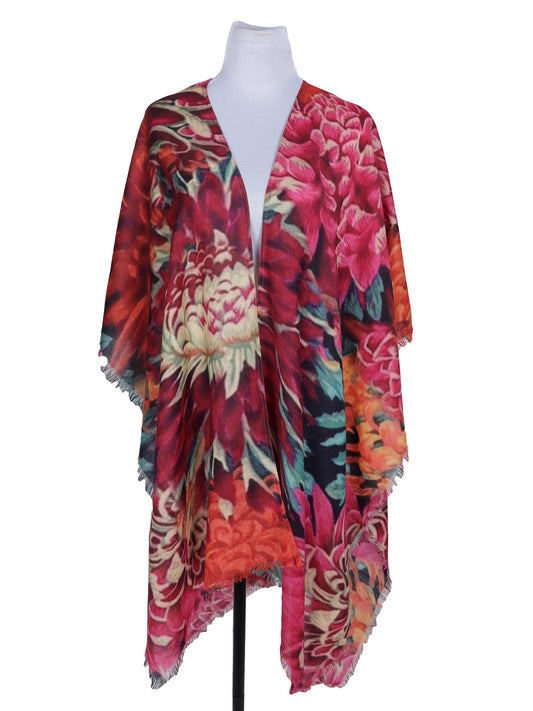 Japanese Chrysanthemum Red Merino Wool Travel Cape