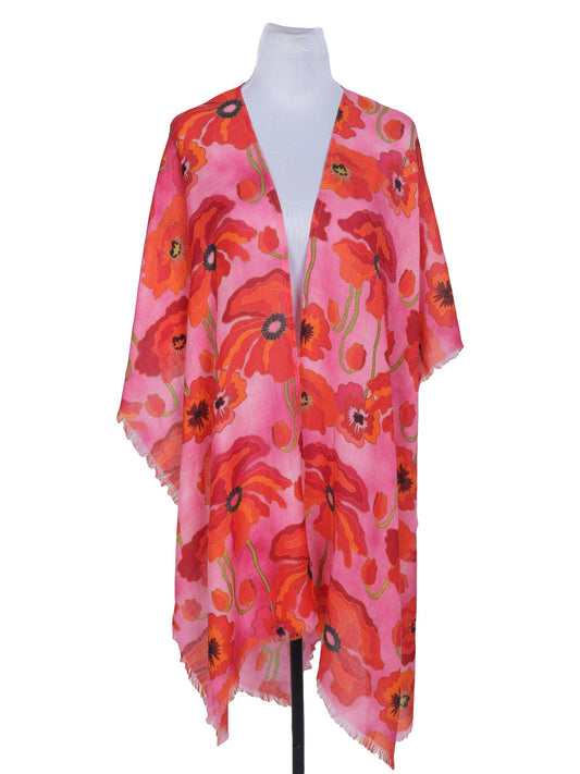 Peach and orange Poppies Merino Wool Travel Cape