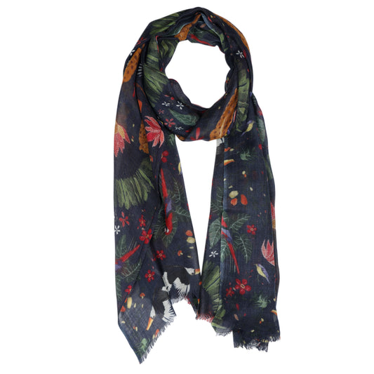Amazonia Jungle Scarf –  Fine Merino Wool | Exotic Wildlife Print with Leopards, Parrots & Tropical Flora