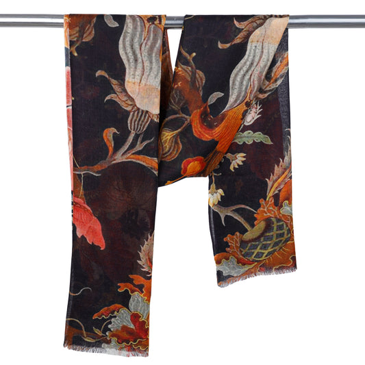 Baroque Bloom Scarf – Merino Wool Silk | Ornamental Vintage Floral Wrap on Black