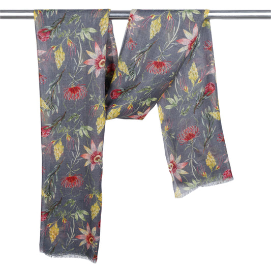 Wild Protea Meadow Scarf – Merino Wool Silk | Australian Native Floral Print Designer Wrap