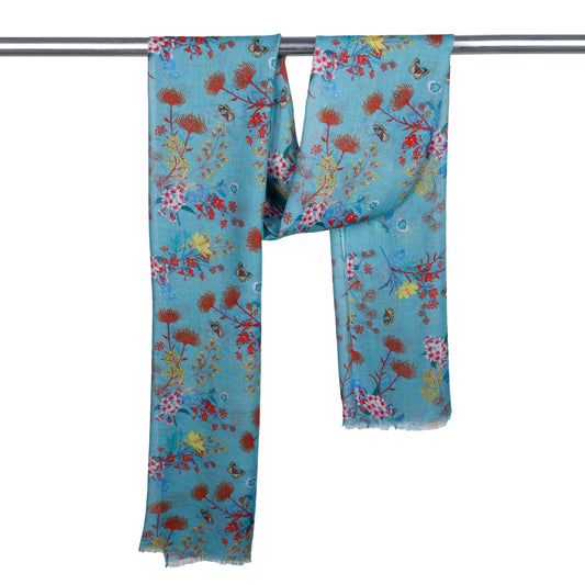 Teal Blossom Meadow Scarf – Modal Silk Designer Wrap | Multicolour Botanical Floral Print