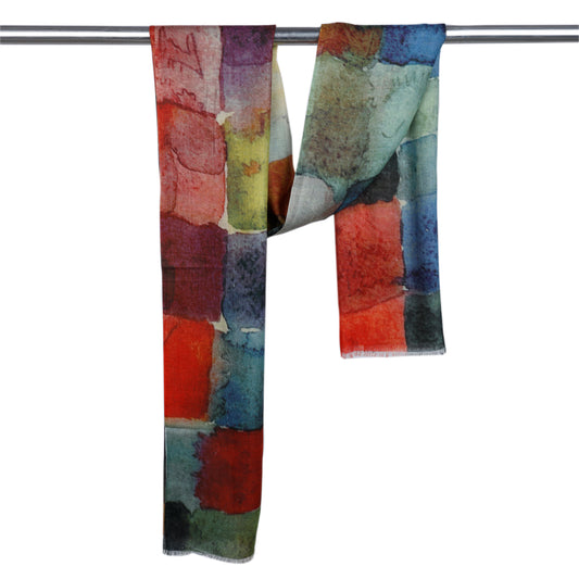 Mosaic Dreams Scarf –  Merino Wool Silk | Abstract Color Block Wrap in Rainbow Hues