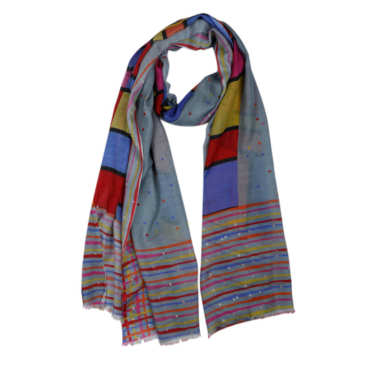 Modern Mosaic Geometry Scarf –  Merino Fine Wool | Abstract Grid & Polka Dot Pattern in Bold Multicolors - Grey Base