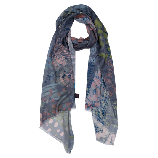 Midnight Fern Botanical Scarf – Fine Merino Wool Designer Wrap | Nature-Inspired Leaf Print