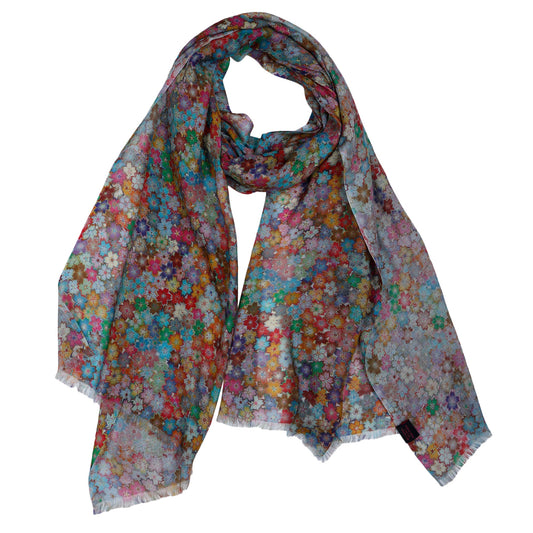 Millefiori Blossom Multicolour Abstract Floral Merino Fine Wool Designer Scarf | Vibrant Artistic Wrap