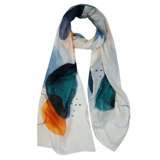 Ocean Ember Abstract Scarf – Contemporary Pure Silk Designer Wrap | Watercolor Art Print - Off White