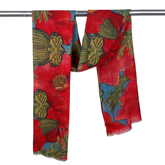 Scarlet Poppy Bloom Scarf – Merino Wool Silk | Bold Australian Botanical Wrap with Teal Blue Base