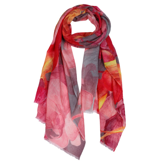 Orchid Radiance Scarf –  Merino Wool | Watercolor Pink & Magenta Floral Wrap on Grey