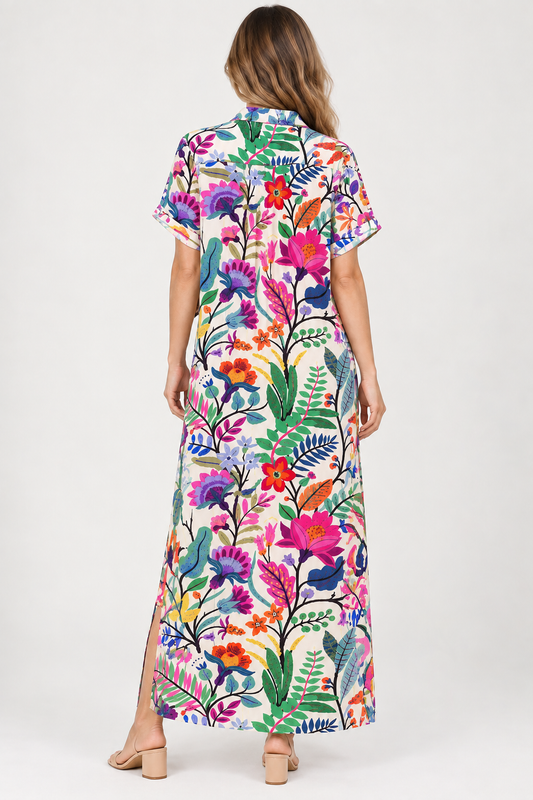 Botanical Floral Print Button-Down Maxi Dress