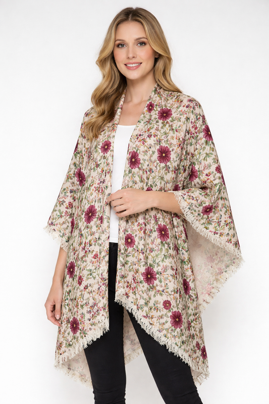 Merino Wool Vintage Botanical Floral Travel Cape – Ivory Multicolor Garden Print