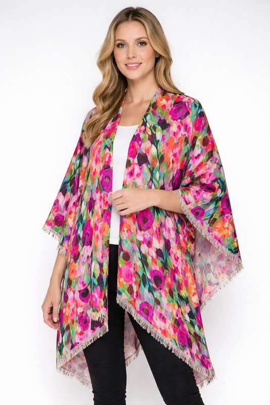 Merino Wool Vibrant Garden Floral Print Cape – Multicolor Artistic Travel Cape