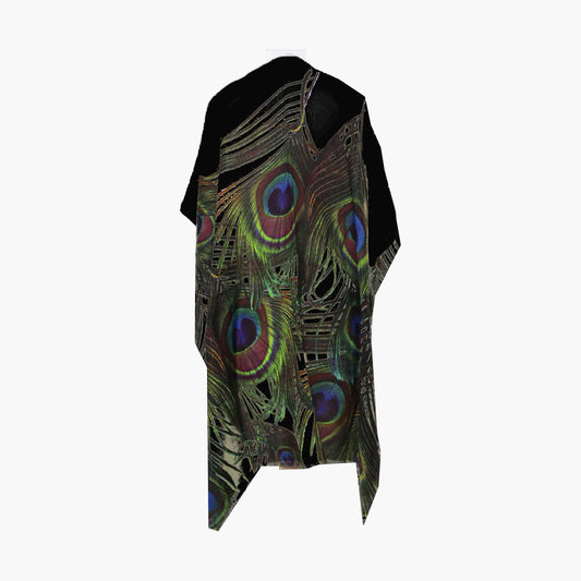 Peacock Feather Black Merino Wool Travel Cape