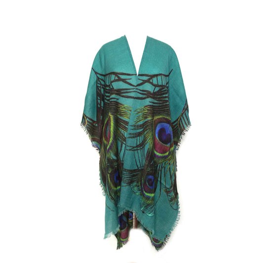 Peacock Feather Turquoise Merino Wool Travel Cape