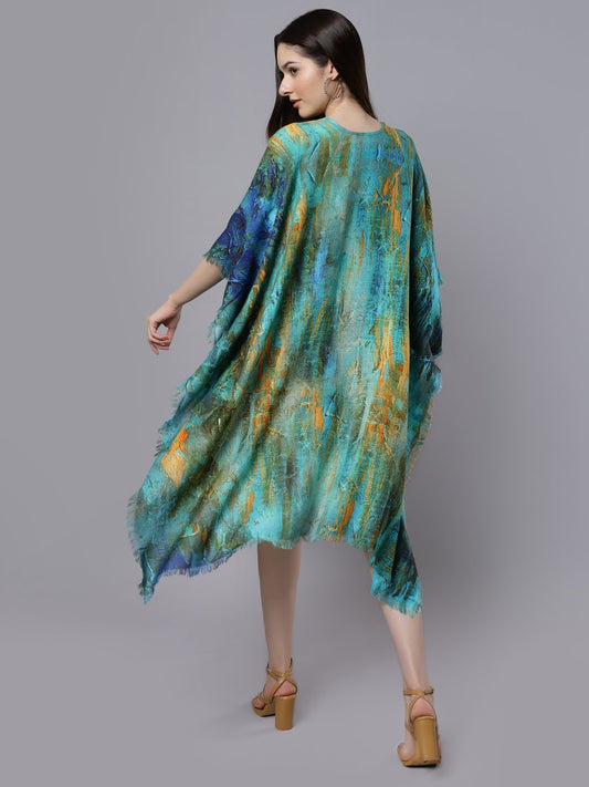 Turquoise and Golden Hues Merino Wool Travel Cape