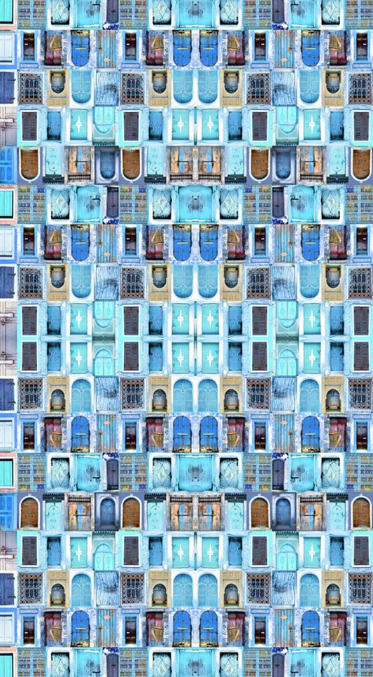 Azure Mosaic Doors Cape – Architectural Blue Facade Wearable Art