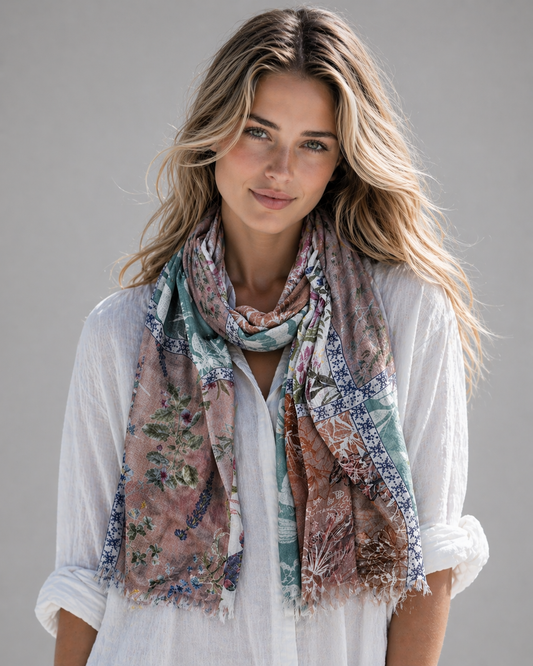 Botanical Patchwork Merino Silk Scarf – Vintage Floral Panels