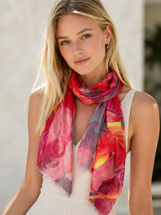 Orchid Radiance Scarf –  Fine Merino Wool | Watercolor Pink & Magenta Floral Wrap on Grey