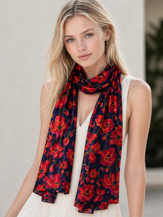 Poppy Bloom Scarf – Pure Silk Wrap | Red & Scarlet Poppies on Radiant Black Canvas