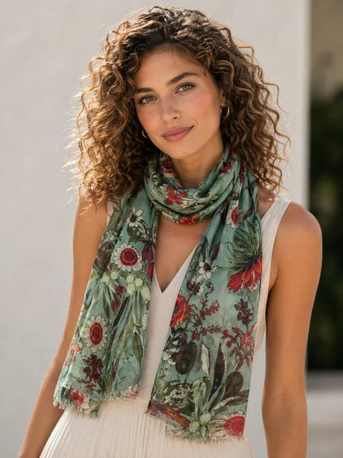 Tropical Garden Scarf – Cashmere Wool Silk | Red Botanical & Exotic Bird Australian Coastal Print on Khaki Green
