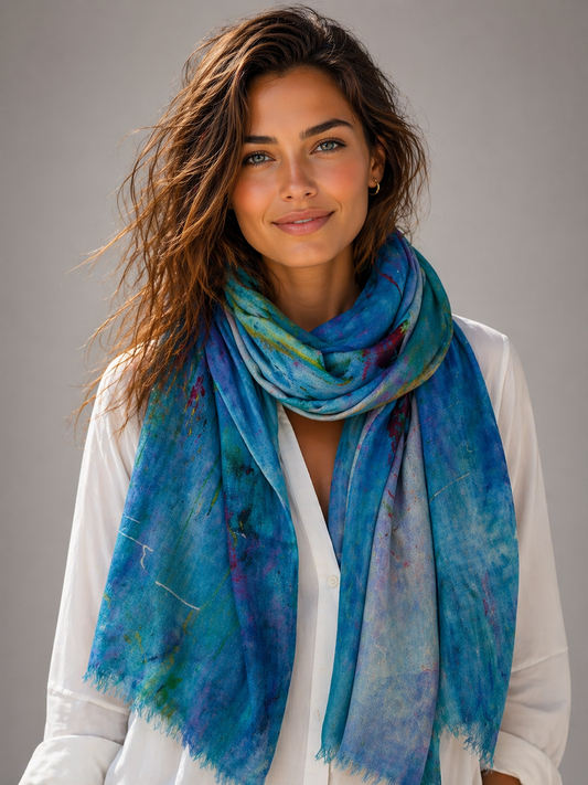 Water Lily Impressionist Abstract Scarf – Merino Wool Silk Designer Wrap | Artistic Floral Print