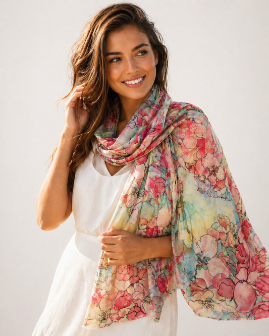 Blossom Whisper Floral Scarf – Merino Fine Wool Designer Wrap | Pastel Watercolor Botanical Print