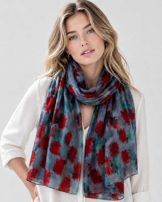 Crimson Brushstrokes Abstract Print Modal Silk Designer Scarf | Modern Artistic Wrap