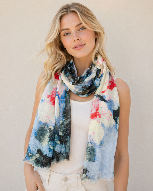 Sakura Blossoms Japanese Floral Scarf – Cashmere Wool Designer Wrap | Elegant Nature Inspired Print