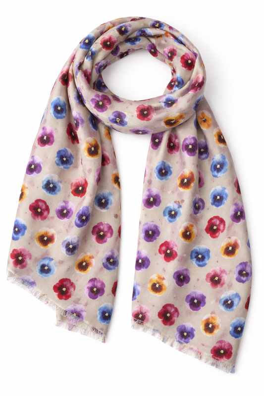 Pastel Pansy Merino Wool Silk Scarf – Playful Floral Designer Print
