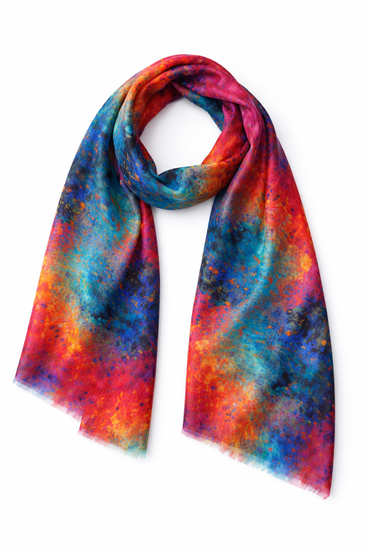 Inferno Sky Abstract Scarf – Modal Silk Designer Wrap | Vibrant Multicolor Artistic Print