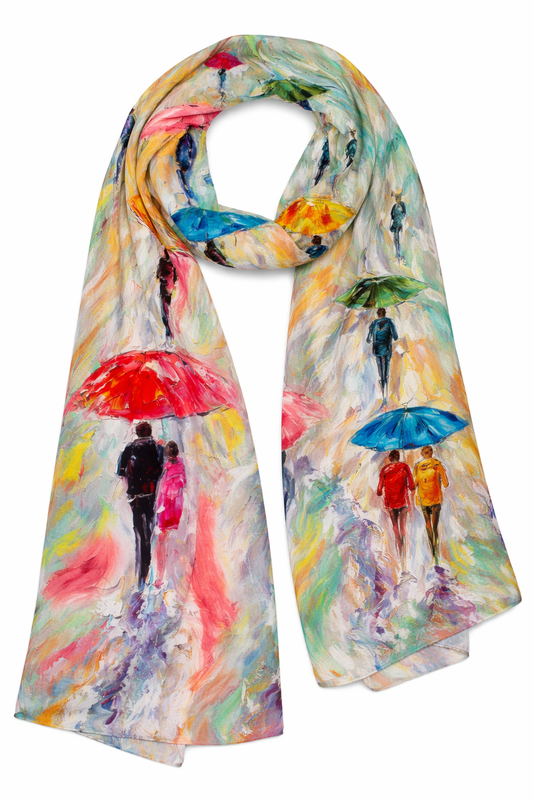 Rainy Day Romance Scarf – Premium Pure Silk Wrap | Abstract Umbrella Walk in Bold Colours
