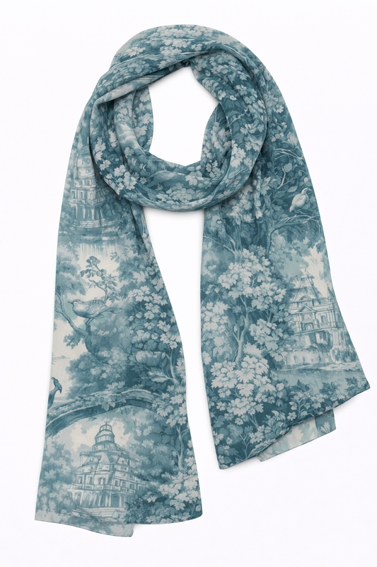 Sage Garden Pavilion Silk Scarf – Vintage Architectural Toile Print