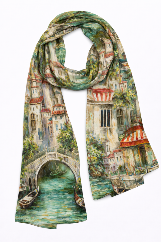 Venetian Reflections Silk Scarf – Painterly Cityscape Print