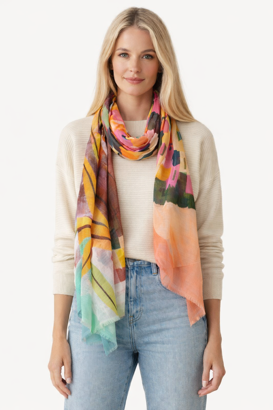 Cinque Terre Sunset Architectural Abstract Scarf – Pure Silk Designer Wrap | Italian Coastal Art