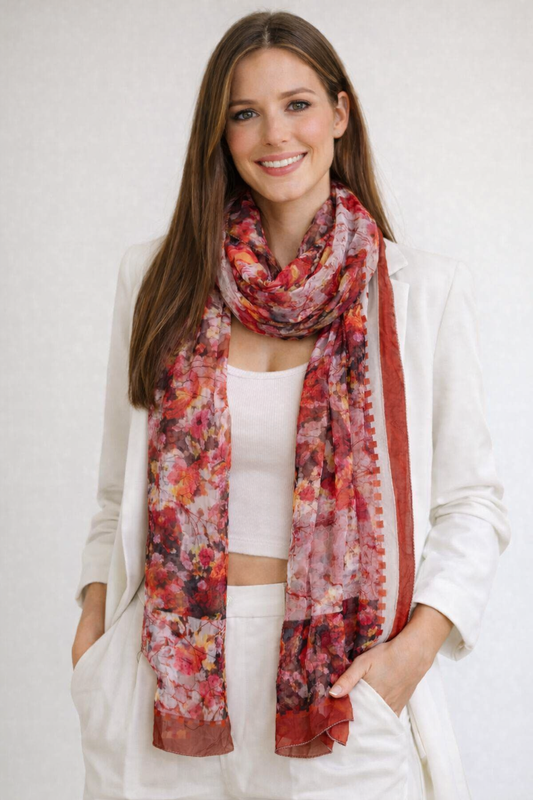 Crimson Bloom Tapestry – Merino Wool Artistic Floral Scarf