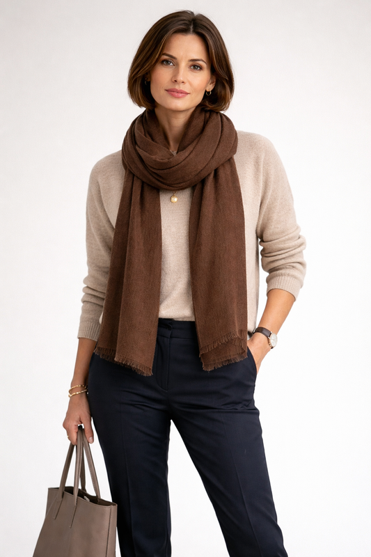 Solid Colour Merino Wool Silk Scarf - Brown