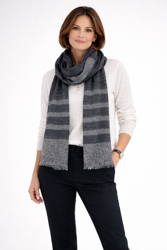 Merino Wool Stripped Border Scarf - Charcoal