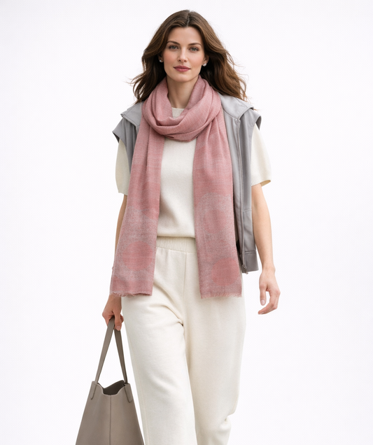 Merino Wool Striped Border Scarf – Peach